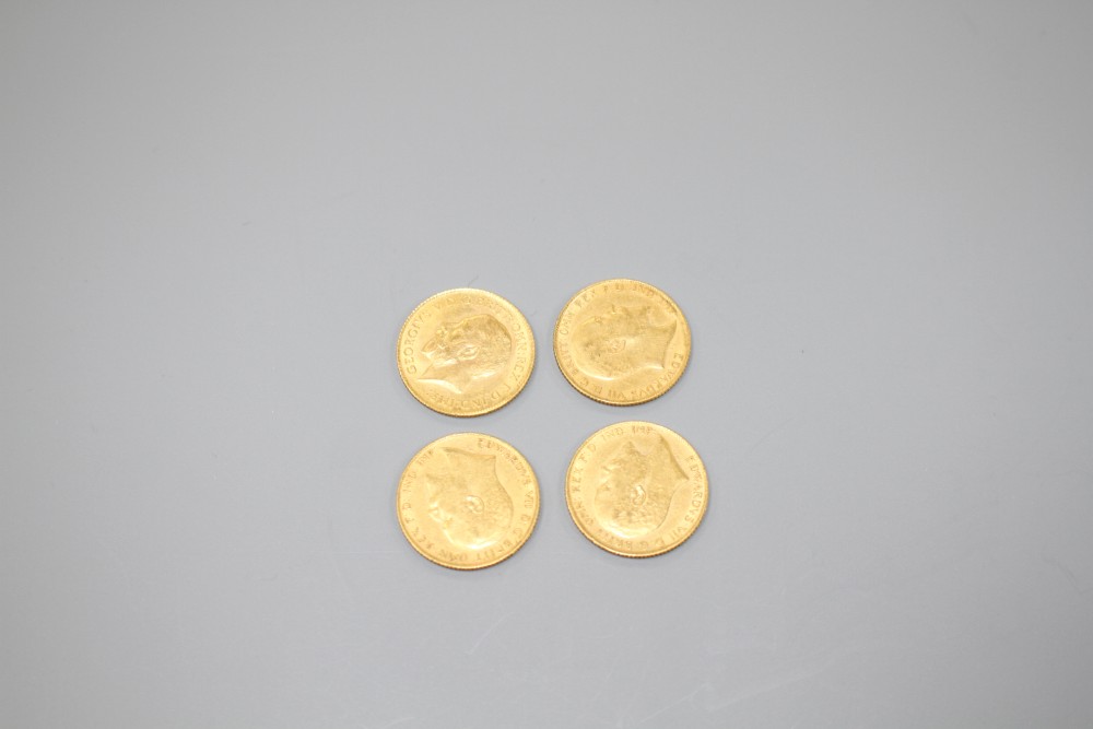 Four early 20th century gold half sovereigns, 1910(3) and 1914.